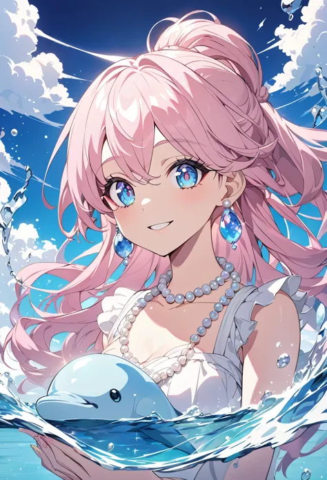 **The anime girl is wearing pink and white clothes and has long hair tied in an elegant style. She has blue eyes, very delicate makeup on her face, large round pearl earrings hanging from her ears, and a beautiful pearl necklace around her neck. She holds ...