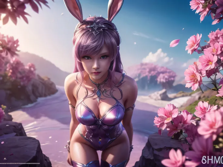 (Best Quality, 8K, Masterpiece, HDR, Soft Lighting, Picture Perfect, Realistic, Vivid), Bunny Girl (1.0), Bunny Girl with Pink Hair and Sexy Skimpy Clothes, pink bodysuit with glitter texture, Beautiful anime fantasy, Very beautiful and cute bunny girl, ra...