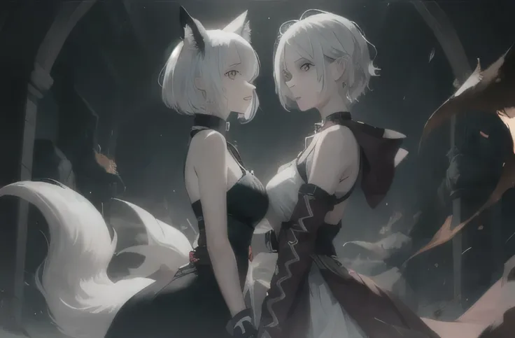 two girls one fox girl with white hair color one human girl white hair coloration looking at each other intensely,, two character, intense, full body, various hair colours, beautiful faces, dark evening, killing, fighting, bloodshed, fantasy, nice hands, p...