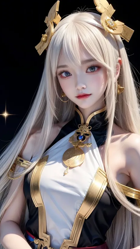 Anime girl with long blond hair and gold jewelry in front of black background, onmyoji detailed art, anime goddess, portrait onmyoji, Onmyoji, white haired god, the goddess artemis smirking, goddess of the moon, intricate gorgeous anime CGI style, Beautifu...