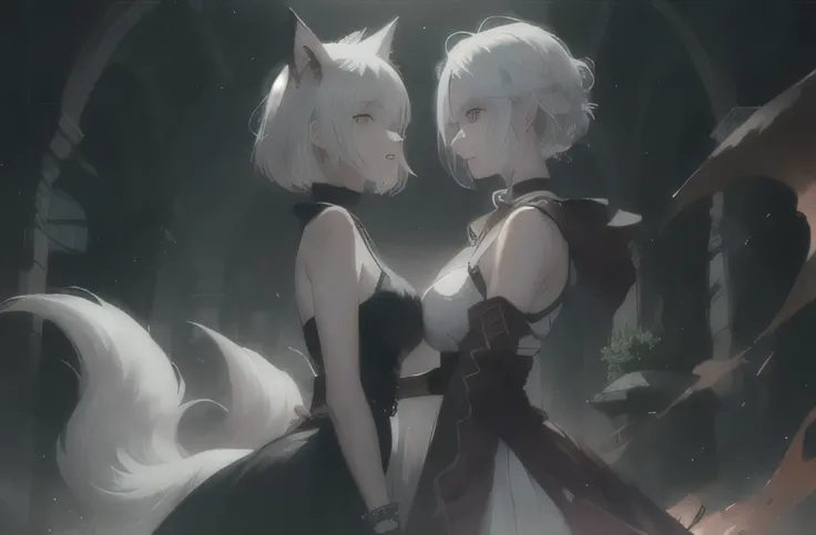 two girls one fox girl with white hair color one human girl white hair coloration looking at each other intensely,, two character, intense, full body, various hair colours, beautiful faces, dark evening, killing, fighting, bloodshed, fantasy, nice hands, p...