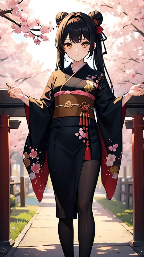 ((masterpiece,highest quality)),Two Girls, black kimono, Black legwear, black ribbon, Black Hair, cherry blossoms, Day, flower, Hair Bun, hair ribbon, kimono, kimono, Long Hair, View Viewer, Recall , Multiple Girls, belt, Outdoor, Red eyes, Redhead, ribbon...