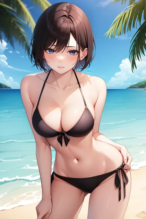 （photo of a beautiful korean kpop idol woman, summer, lustful , narrow hips, medium breast, manhwa girl, bikini , short hair, be...