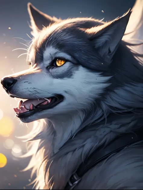 Cool Wolf、Bossy temperament、Really kind、Laugh a little、Sharp, straight eye focus、portrait、original、Supernatural、Another world、Ultra Detail、bright fur、Magic Lighting、trajectory、 Light dust、beautiful、Cinematic lighting、 Bokeh effect