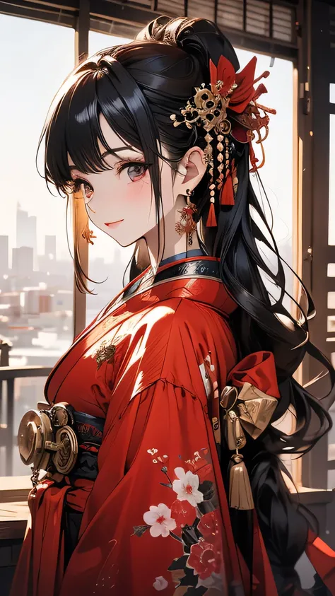 (highest quality), girl,Oriental detailed background, Oriental cityscape, steampunk, Shrine maiden