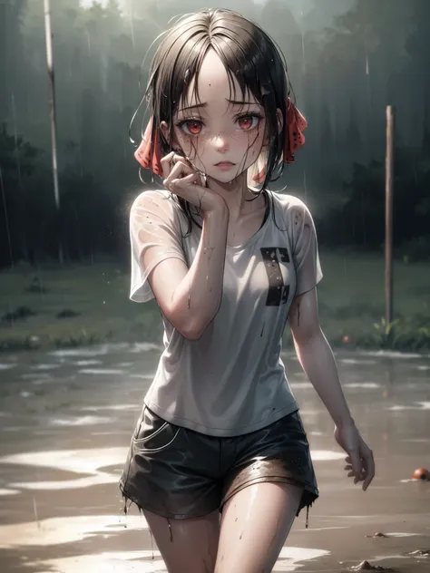 AngelaS_SoloTI_v1,
(dirty face,freckle:1.3),
(In a mud-splattered jersey and shorts, with dirt-streaked legs and messy hair, for a gritty and spirited look), (A rain-soaked field, with players sliding and the ball splashing through puddles, an atmosphere o...