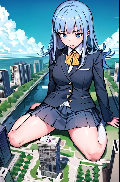 giantess,business suit, Only one girl, Lying down, ((Super huge high school girl bigger than a island)), Pleasure, Trying to crush a miniature metropolis, blue eyes, ((destroyed city)),, erect nipples,  Long legs, , No chest leakage, crash city, tiny city,...