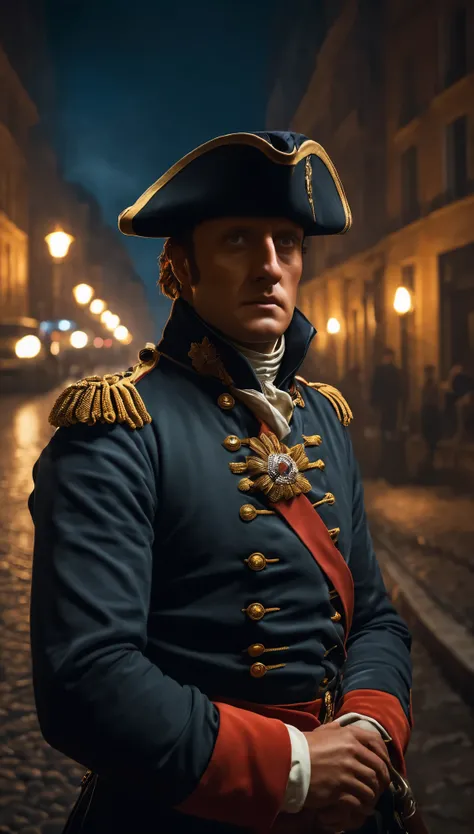 Depict Napoleons expression as one of frustration and uncertainty as he realizes the city is deserted, background dark, hyper realistic, ultra detailed hyper realistic, photorealistic, Studio Lighting, reflections, dynamic pose, Cinematic, Color Grading, P...