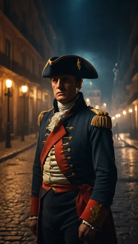Depict Napoleons expression as one of frustration and uncertainty as he realizes the city is deserted, background dark, hyper realistic, ultra detailed hyper realistic, photorealistic, Studio Lighting, reflections, dynamic pose, Cinematic, Color Grading, P...