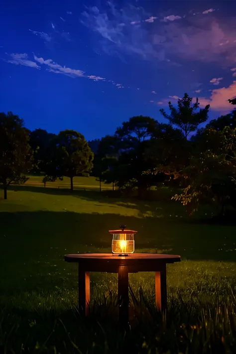 (highest quality:1.5)。afterglow sky。(a small table on the grass)。a lit lamp on a table。