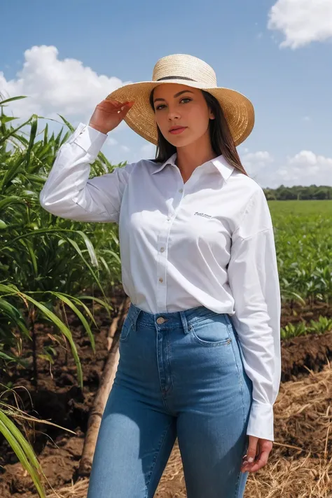 an agronomist woman dressed in jeans and a white long-sleeved shirt, sun hat, and boots, is in a sugar cane field with sunny wea...