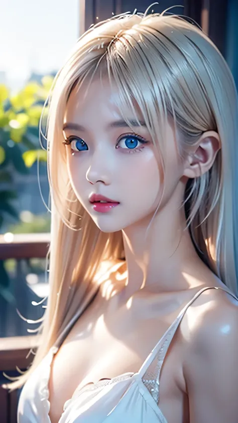 Platinum blonde fine hair、Long Straight Hair、Face and eye bangs、Big blue eyes、Transparent white and wet nightgown、Nordic youth、Perfect body、White Muscle、Shiny skin、Young and beautiful skin、Perfect beautiful little face、Bright makeup、Pale pink lips、Bright e...