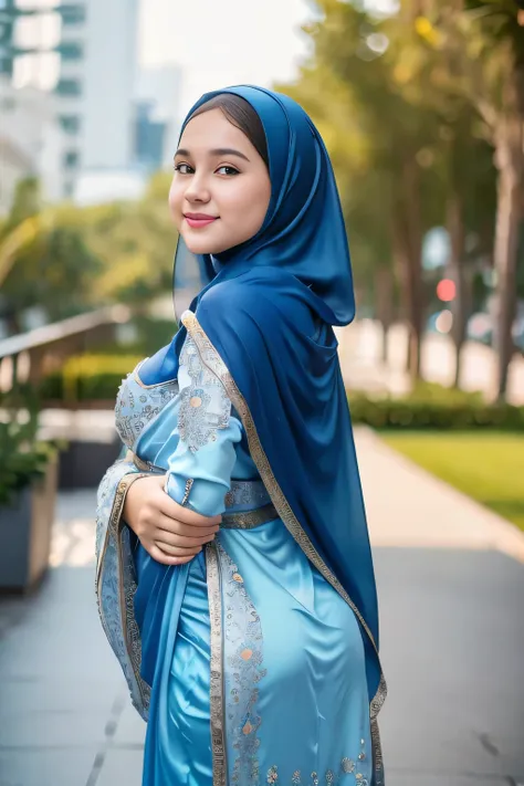 beautiful, cute baby face, russian muslim girl, (wearing blue hijab), full hijab, sexy long sleeves kebaya transparant dress, sl...