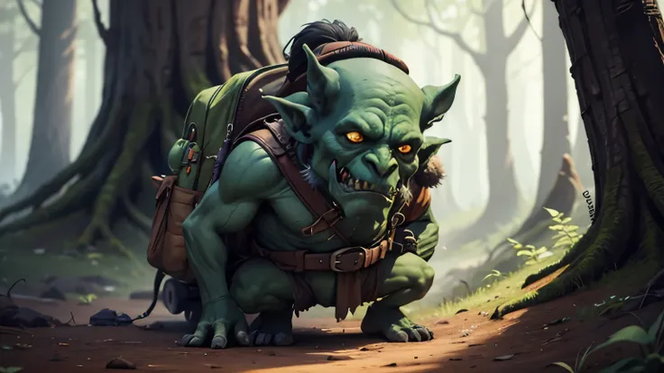 A goblin with a backpack of gold，Greedy face，Night in the forest，Dark style，Anime style，Ultra Detail，Game CG