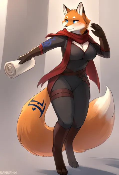 top quality, best quality, by bahnbahn, High-quality illustrations, masterpiece)(kemono, furry anthro), round, Elder Scroll Online, 1 female, werefox, fur, fluffy, big breasts, wide hips, tail, perfect eyes, blue eyes, fox tattoos, fox marks, Dark Brotherh...