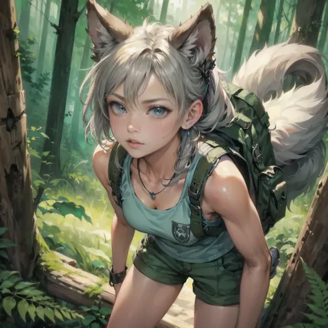 A fantasy Wasteland battles hand-in-hand through a wasteland full of pitfalls. The camera zooms in on the girl, capturing her determination. The cool girl, with wolf ears,wolf tail,  wears thin leather armor and dark cloak. As the zoom progresses, the focu...