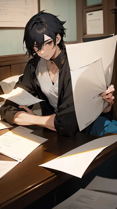 ((best quality)), ((masterpiece)), (detailed), anime boy with black hair write on a paper in the house 