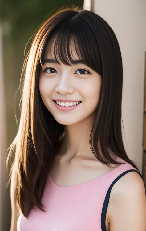 14years japanese girl、cute smile at the viewer, (arms at sides:1.2), standing straight, Short-cut hairstyles 、、summer School Building、Skinny Legs、Extraordinary beauty、Cute face、The best smile、Cute smile、frontage、slender、Schools、 (Raw foto:1.2), (Photoreals...