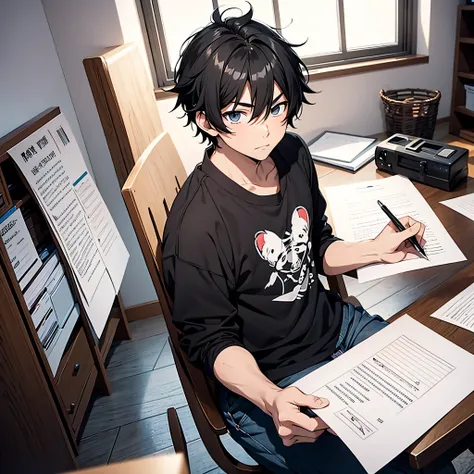 anime boy with black hair write on a paper in the house 