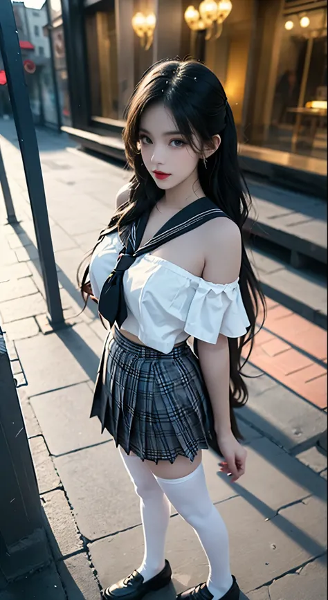 white thighhighs,loafers,black footwear,brown footwear,,mary janes,pleated skirt,plaid skirt,serafuku, ((Bare shoulders)), ((Full breasts)), ((The skirt is very short)), ((Sexy legs)), ((whole body)), actual, Fashion Girl, red lips, Mature women, Exquisite...