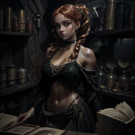 painting of a woman with blonde hair and a choker in a black dress, Art style by John Collier, Maiden with short coppery red hair in pigtails, style by Karol Bak, a young red haired woman, pigtails, bangs, Portrait of a young witch, No Bowater Art Style, p...