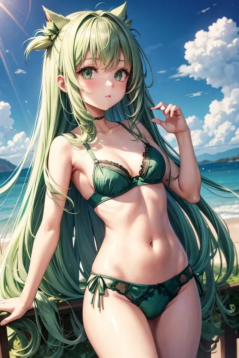 Long green hair，green eyes，loli，little girl，Three point bra, briefs