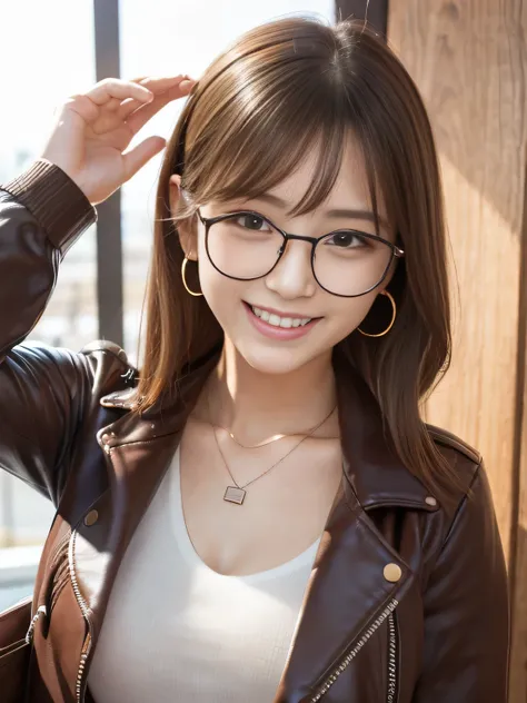 Ultra-high resolution, Superior Quality, highest quality, Very detailed, Realistic, 8k, RAW Photos, highest quality, masterpiece, Attractive girl, Awesome girl, Light brown hair、 Japanese Idols, Sophisticated, stylish, leather jacket、shirt、smile、Beautiful ...