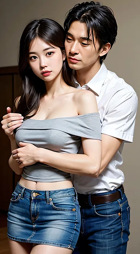 masterpiece，highest quality，Advanced Details，1 male，1 female，((Vacant rooms:1.4))、((Japanese woman with straight medium-long hair:1.4))，18-year-old female:1.7、((A woman wearing a white short-sleeved off-the-shoulder shirt and a denim miniskirt:1.4))，Japane...