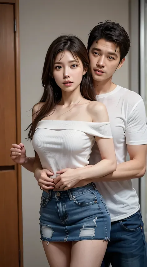 masterpiece，highest quality，Advanced Details，1 male，1 female，((Vacant rooms:1.4))、((Japanese woman with straight medium-long hair:1.4))，18-year-old female:1.7、((A woman wearing a white open-front short-sleeved off-the-shoulder shirt and a denim miniskirt:1...