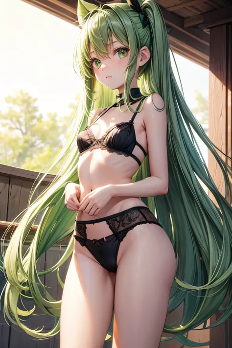 Long green hair，green eyes，loli，little girl，Three point bra, briefs