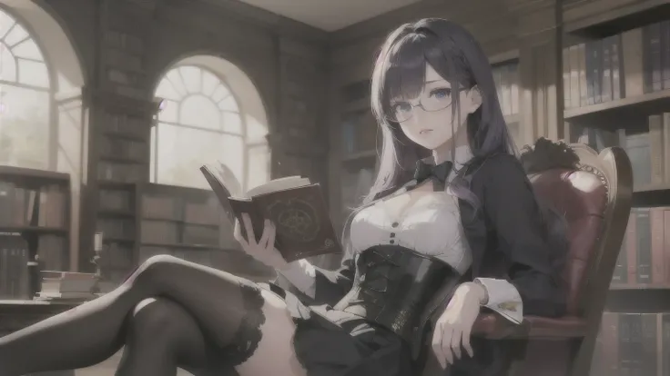 One girl,Magical girl, I have a book, blue eyes, Purple Hair,Long Hair, Black corset, Lace skirt, Black legwear, library, Glasses,Realistic,Reading a book