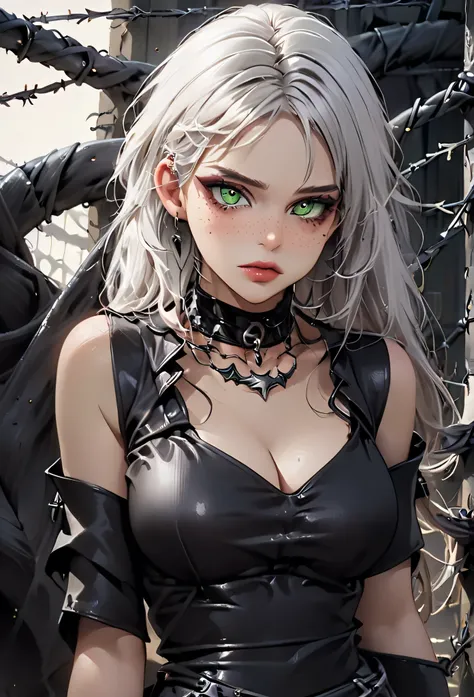 1 girl, white hair, piercing green eyes, slight smirk, full lips, black nails, barbed wire everywhere (black barbed wire coils), (best quality,4k,8k,highres,masterpiece:1.2),ultra-detailed,(realistic,photorealistic,photo-realistic:1.37),dark fantasy, horro...