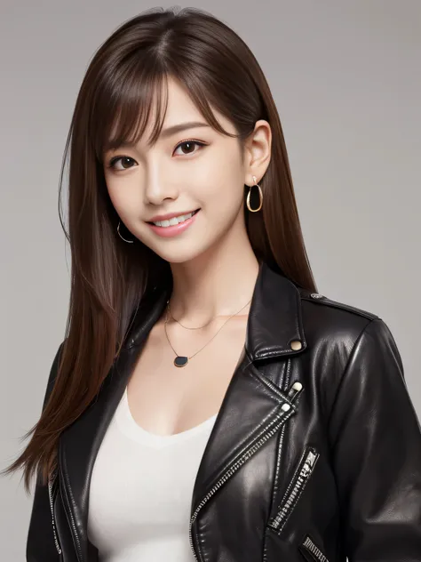 Ultra-high resolution, Superior Quality, highest quality, Very detailed, Realistic, 8k, RAW Photos, highest quality, masterpiece, Attractive girl, Awesome girl, Brown Hair、Japanese Idols, Sophisticated, stylish, leather jacket、shirt、smile、Beautiful teeth a...