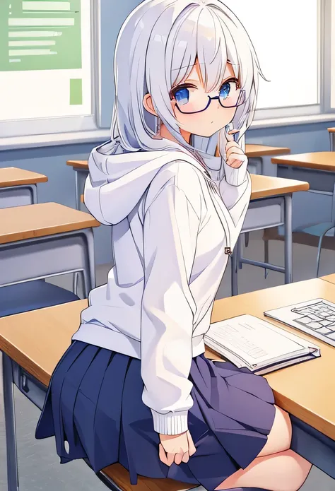 classroom、Glasses、cute、cool、、Moe sleeves、white hair、White panties、Sitting on the desk、Facing the front、Crossing your legs、Low - Angle、hoodie、front、skirt