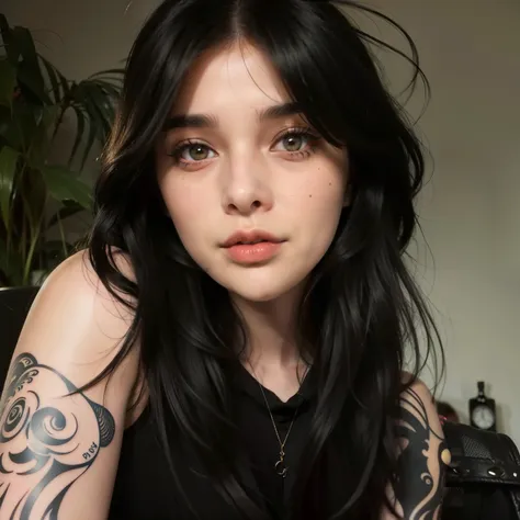 Closeup of a woman with a tattoo on her arm, She has black hair with bangs., Black hair and big eyes, long black hair with bangs, 1 7 year old goth girl, Anna Nikolanova, AKA New Milky, Mia Kishner, Long black hair with bangs, whitebangsblackhair, headshot...