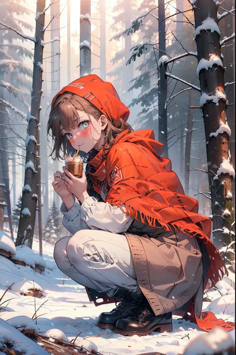 mycotrose, brown eyes,brown hair,short hair,smile,blush,white breath,
open your mouth,snow,ground bonfire, outdoor, boots, snowi...