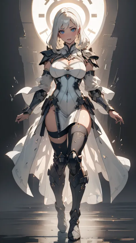 (dynamic fighting pose),(leather boots,(asymmetrical mecha armor),(long embroidered white lace dress,see through,lift up the hem of the dress)),(random hairstyle),(Thin type:1.8),(large breasts),(Highest image quality,(8K), Ultra-realistic, Best Quality, H...