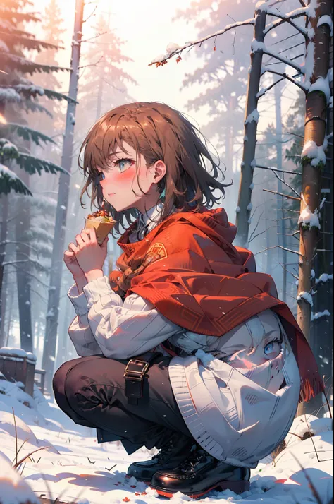 mycotrose, brown eyes,brown hair,short hair,smile,blush,white breath,
open your mouth,snow,ground bonfire, outdoor, boots, snowi...