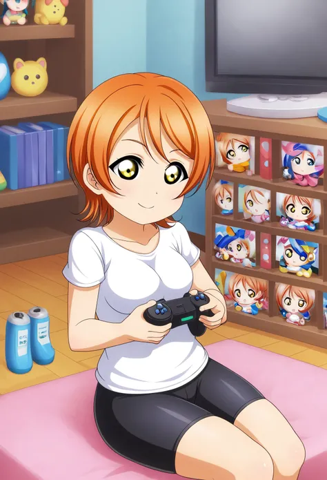 Masterpiece, best quality,Hoshizora rin,solo ,yellow eyes, short hair,orange hair, White Top,Bike shorts, sitting, chibi, game_controller, playing_games, game_console, video_game ,love live style, closed mouth