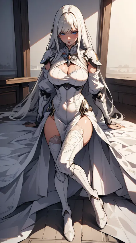 (dynamic porn pose:1.2),(leather boots,(asymmetrical mecha armor),(long embroidered white lace dress,see through,lift up the hem of the dress)),(random hairstyle),(Thin type:1.8),(large breasts),(Highest image quality,(8K), Ultra-realistic, Best Quality, H...