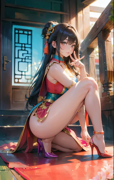 highest quality，masterpiece，The ultimate solution，fluffy，Very colorful，The beauty of Chinese dress，Mature Woman，In a Chinese dress，Kneeling pose，（Pointing at your ass），collar，anklet，High heels，High heels，Correct posture