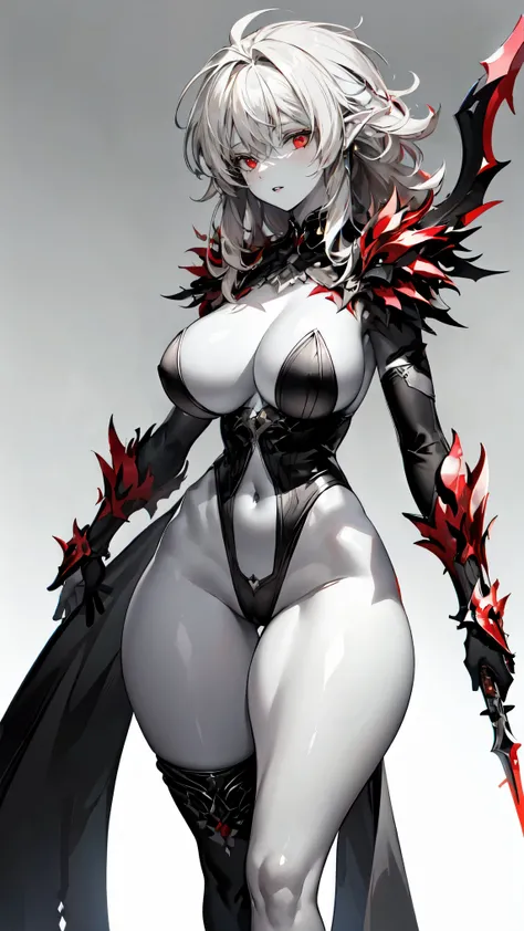 (masterpiece, best quality, perfect face, (beautiful and aesthetic:1.2), extremely detailed, highest detailed face), (beautiful dark elf warrior, (messy hair:1.4), (red eyes:1.2), (flawless pale skin:1.3), (gray skin color:1.6), fake breasts, (narrow waist...