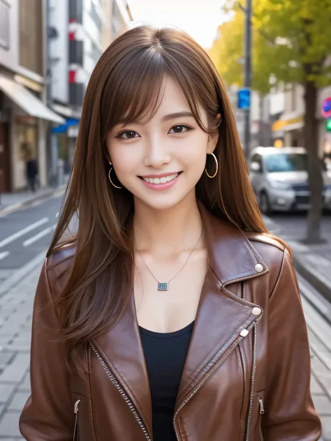 Ultra-high resolution, Superior Quality, highest quality, Very detailed, Realistic, 8k, RAW Photos, highest quality, masterpiece, Attractive girl, Awesome girl, Light brown hair、Japanese Idols, Sophisticated, stylish, leather jacket、shirt、smile、Beautiful t...