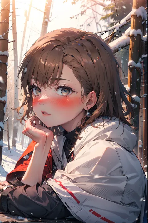 mycotrose, brown eyes,brown hair,short hair,smile,blush,white breath,
open your mouth,snow,ground bonfire, outdoor, boots, snowi...