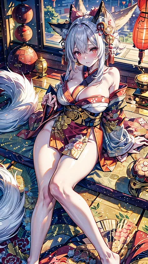 fox girl,3tail,fox ear on head,white hair,slender leg,oiran,kimono,big breasts,have ones shoulders exposed,blush,futon,sit,spread leg,A man is rubbing her breasts from behind.