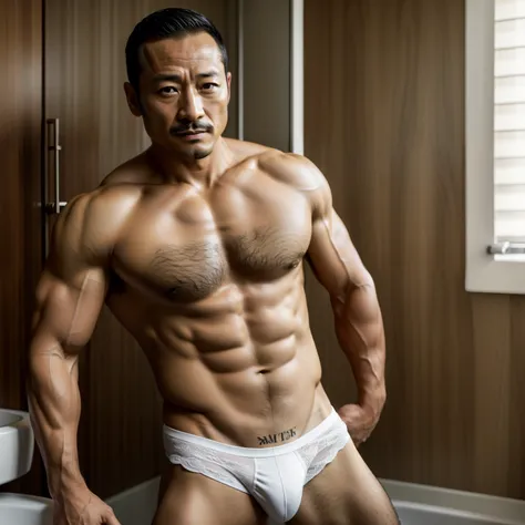 40 years old，Hidetoshi Nakata，（Kogoro Mori 1.3），Two muscular men in the bathroom，Topless，Densely hairy，White lingerie，Fortitude，HD，With a mustache，Black socks，whole body