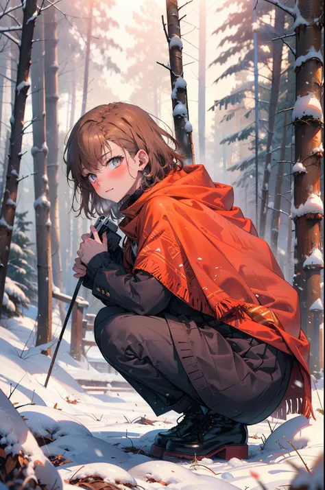 Mycotrose, Brown eyes,Brown Hair,short hair,smile,blush,White Breath,
Open your mouth,snow,Ground bonfire, Outdoor, boots, snowing, From the side, wood, suitcase, Cape, Blurred, having meal, forest, White handbag, nature,  Squat, Mouth closed, Cape, winter...