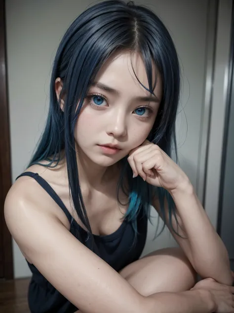 Hot girl、blue hair, blue eyes, ashamed