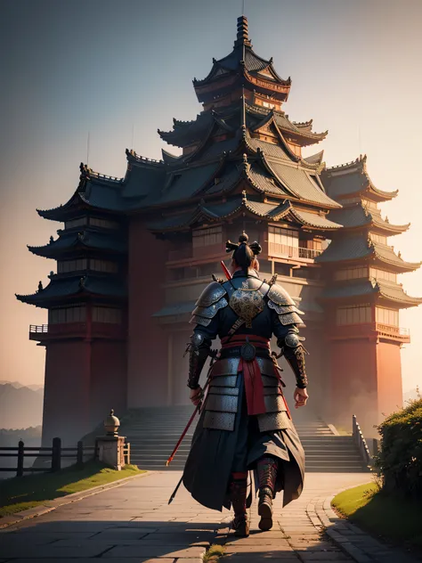 high detailed  samurai walking full armored to horizont with the sundawn. japanese castle around