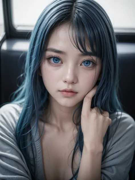 Hot girl、blue hair, blue eyes, ashamed